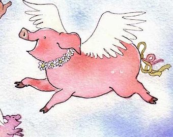 豚のグリーティングカード - 面白い空飛ぶ豚の水彩画イラスト漫画