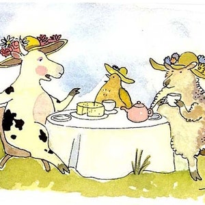 Lustige Bauernhof Tier Tee-Party Karte - Ladies Who Lunch - Barnyard Klatsch Schaf Henne Kuh - Niedliche leere Karte für Freunde, Brunch, Tee