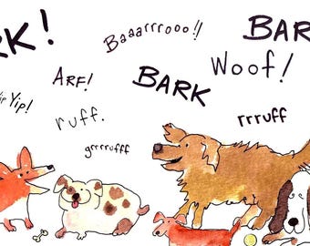 Tarjeta de arte en acuarela con perros ladrando divertidos: Cumpleaños para amantes de los perros, interior en blanco.