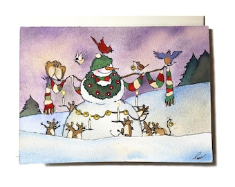 Original Snowman Watercolor Painting – One of a Kind Christmas Art – Whimsical Holiday Illustration