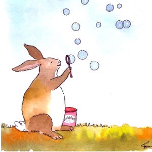 Watercolor Bunny Greeting Card: Whimsical Rabbit Blowing Bubbles