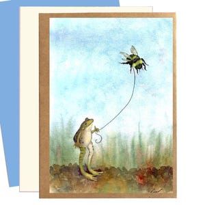 Carte grenouille et bourdon - aquarelle lunatique nature art - jolie carte de voeux animal vierge pour les amateurs de grenouilles, les fans d'abeilles, les enfants et plus