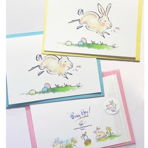Osterkarte - Ostergrußkarte - Lustige Osterhase Karte - Handgemachte Original Aquarell Osterkarte - Osterkarte Kinder - 'Bunny Hop'