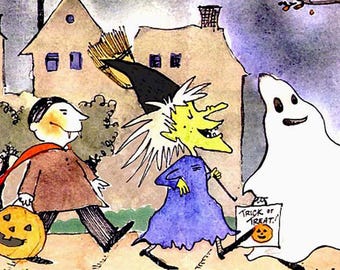 Watercolor Halloween Card: Trick or Treat Kids Witch Ghost Dracula Illustration