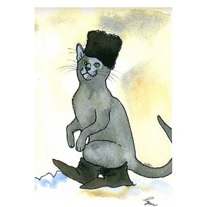 Carte de voeux drôle de chat - chat bleu russe - impression d'illustration aquarelle de chat gris « bleu russe »
