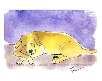 Yellow Labrador Dog Greeting Card, Funny Dog Card, Dog Art, Dog Watercolor Painting Illustration Print 'Let Sleeping Dogs Lie' 4x6