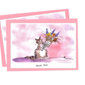 Tarjeta en blanco de gato con flores, tarjeta del Día de la Madre, tarjeta de gato rosa con acuarela, tarjeta de agradecimiento, regalo para amantes de los gatos, tarjeta de gato atigrado, tarjeta divertida de gato hecha a mano