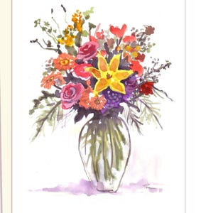 Cartão de saudação com vaso de flores em aquarela, buquê de verão, arte floral, cartão em branco, elegante cartão de aniversário, condolências ou pensando em você