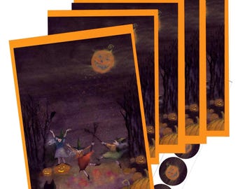 Halloween Watercolor Card Set: Witches, Pumpkins, Full Moon + Stickers