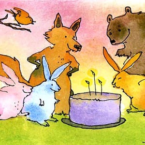 Cartão de aniversário de animais da floresta - Cartão infantil feito à mão 4x6 com coelhos, urso e raposa - Saudação fofa para festa na floresta - Arte de animais de livro de histórias