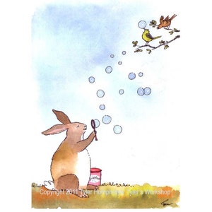 Bunny Rabbit Greeting Card - Funny Bunny & Birds Watercolor Painting/ Illustration Cartoon Print 'Bubble Bunny'