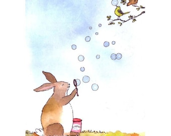 Bunny Rabbit Greeting Card - Funny Bunny & Birds Watercolor Painting/ Illustration Cartoon Print 'Bubble Bunny'