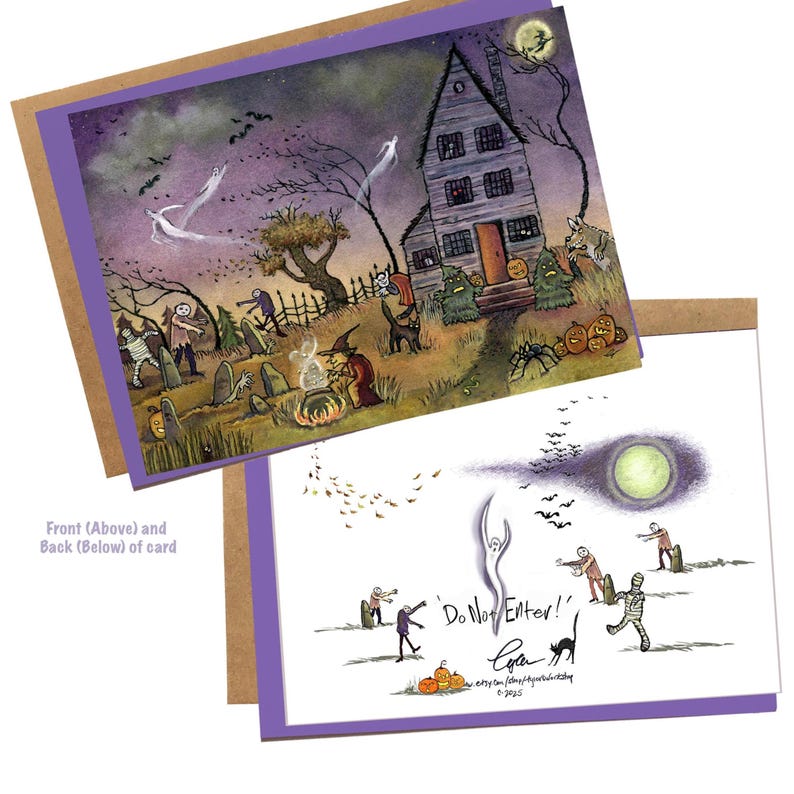 Handmade Halloween Greeting Card: Haunted House, Witch & Black Cat image 3