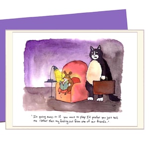 Biglietto d'auguri divertente con gatto e topo, 5x7, illustrazione di cartoni animati, arte del gatto, biglietto umoristico con gatto eccentrico, animale adulto, cartone animato, acquerello, gatto, vuoto