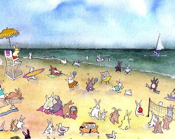 Beach Bunny Greeting Card: Watercolor Animal Art - Blank Inside