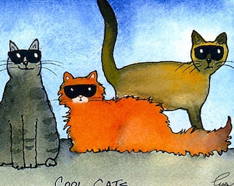 Tarjeta de acuarela con gatos divertidos - Tarjeta de felicitación para amantes de los gatos