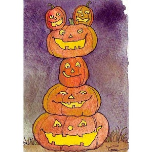 Halloween Card Pumpkins Jack O Lanterns Greeting Card Spooky Pumpkins Watercolor Painting Greeting Card Print 'Pumpkin Pile Up'