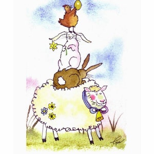 Lustige Aquarell Tier Karte - Osterkarte - Frühling Grußkarte - Bauernhof Tiere Illustration Druck - Huhn Kaninchen Häschen Schaf Kunst