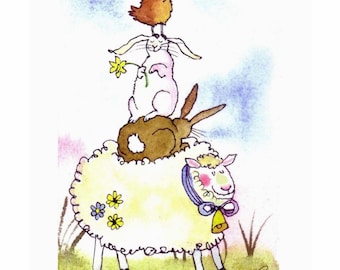 Aquarelle animaux drôle - carte de Pâques - carte de voeux de printemps - impression Illustration animaux de la ferme - Art poulet lapin lapin mouton