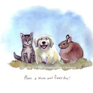 Baby Tiere Grußkarte, Baby Karte, handgemachte Grußkarte, Welpe Kätzchen Bunny Rabbit Karte 'Have a Warm and Fuzzy Day'