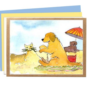 Carte de plage Golden Retriever Carte de voeux d'été avec chien drôle Cadeau pour amoureux de la plage Carte de sympathie d'anniversaire pour animal de compagnie Carte d'art aquarelle pour chiens