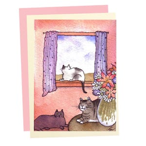 Cute Cat Greeting Card Blank Watercolor Cat Card Cat Lover Gift Card Pink Cat Birthday Card Thinking Of You Cat Thank You Card Cat in Window