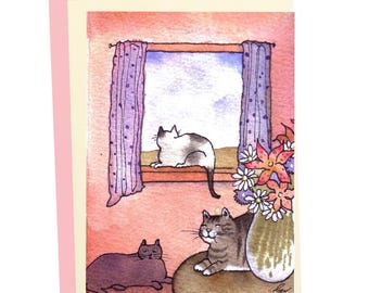 Watercolor Cat Greeting Card: Cozy Cats Art - Blank Inside