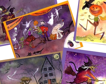 Halloween Card Set: Spooky Witches, Haunted House, Black Cat - Watercolor Art