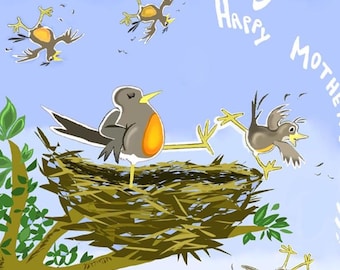 Divertida tarjeta del Día de la Madre con un petirrojo: Arte de amor duro para mamás