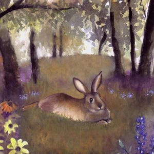 Wenskaart Forest Bunny - kaart bos konijn - tuin Wildflower Bunny kunst - aquarel illustratie - kaart dierlijke natuur 5 x 5