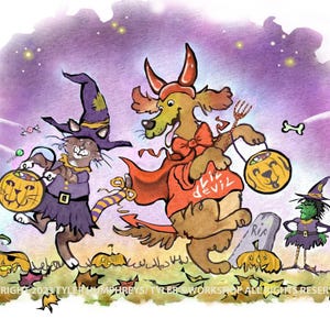Funny Halloween Card: Cat and Dog Imposters, Watercolor Art