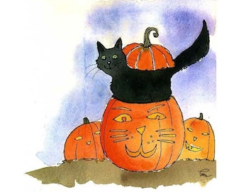 Halloween Greeting Card, Halloween Card, Funny Black Cat Halloween Card, Cat Greeting Card, Funny Pumpkin Cat Cartoon Illustration