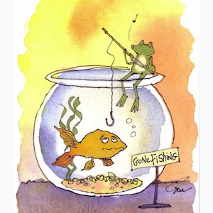 Art grenouille, carte drôle de grenouille, pêcheur de grenouilles, poisson rouge, gouache aquarelle, grenouille, dessin animé, grenouille, illustration, impression, « allé à la pêche »