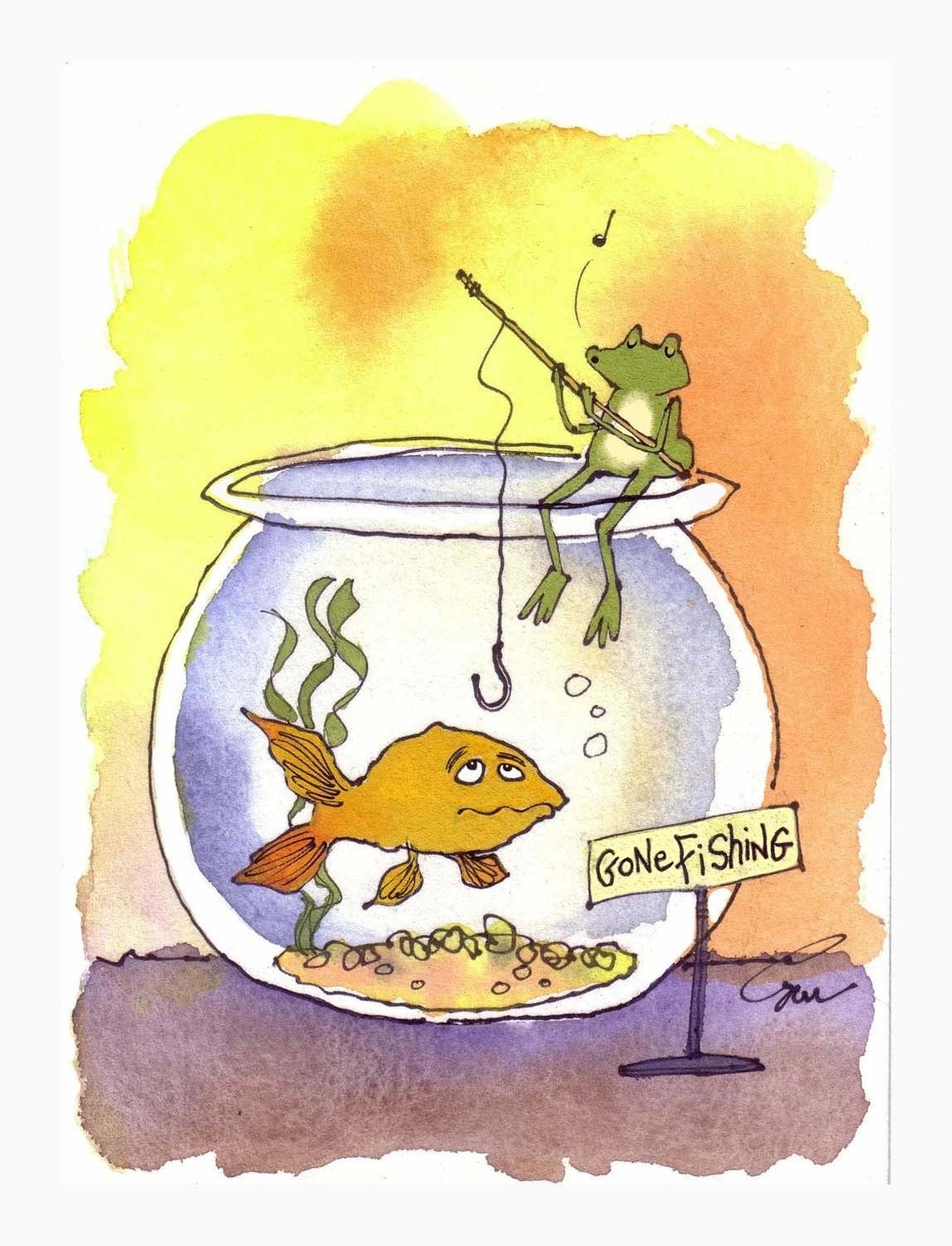 Frog Art, Funny Frog Card, Fishing Frog Goldfish Watercolor Gouache  Painting Frog Cartoon Frog Illustration Print 'Gone Fishing
