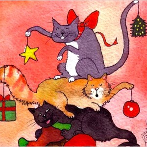 Funny Cats Christmas Card: Watercolor Cat Art Print