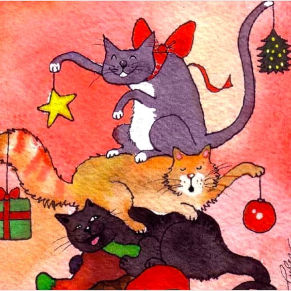 Funny Cats Christmas Card: Watercolor Cat Art Print