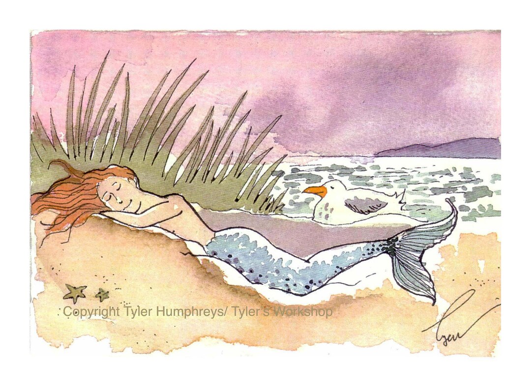 Mermaid Card Painting of Mermaid Fantasy Illustration Mermaid Greeting