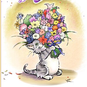 Kattenwenskaart - kitten met bloemboeket - grappige bedankkaart - verjaardagskaart - feestkaart - bloemen kattenkaart - kattenliefhebber cadeau