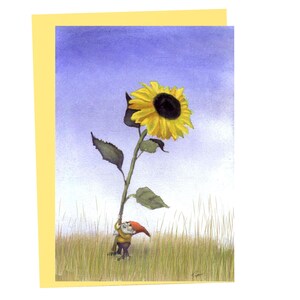 Cartão de felicitações de gnomo e girassol 4x6 aquarela jardim gnomo arte caprichosa cartão de verão fantasia flor ilustração cartão de fada em branco