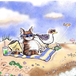 Tarjeta de felicitación de gato playero - Tarjeta de verano - Ilustración de animal caprichoso - Arte de gato y gaviota - Tarjeta hecha a mano de 5x7
