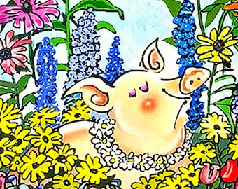 面白い豚の花園カード：手作りの水彩画動物グリーティングカード
