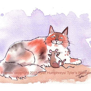 Tarjeta de felicitación de amistad de ratón y gato, divertida pintura de acuarela de mascotas, gato y ratón, impresión de dibujos animados de ilustración de animales 'Mejores amigos'