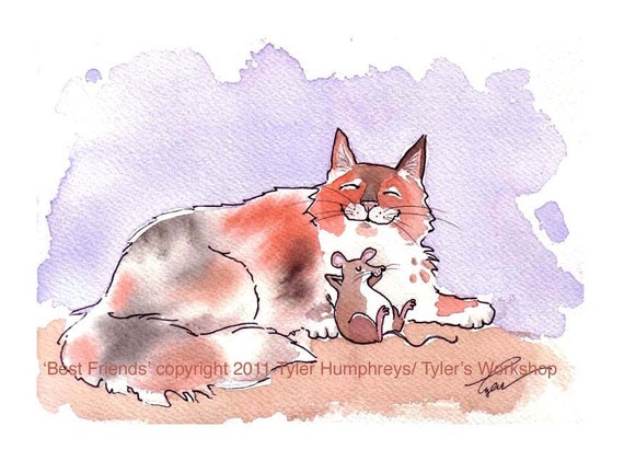Mouse And Cat Friendship Greeting Card Funny Pets Watercolor Etsy Mouse And Cat Friendship Greeting Card Funny Pets Watercolor Etsy