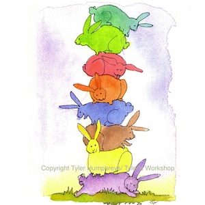 Rainbow Colored Funny Bunny Rabbits Blank Card Sympathy Card Thinking Of You Card Birthday Card Watercolor Rabbits Painting Animal Card
