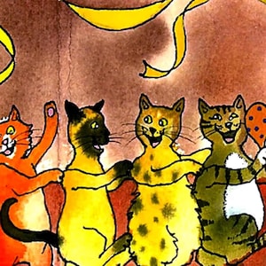 May include: A colorful illustration of four cats in a row, each with a unique coat pattern and expression. The cats are smiling and appear to be dancing, with one cat raising a paw. Yellow ribbons are in the background.