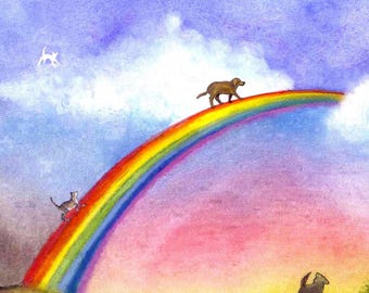 Rainbow Bridge Pet Sympathy Card: Watercolor Memorial Cat Dog Art