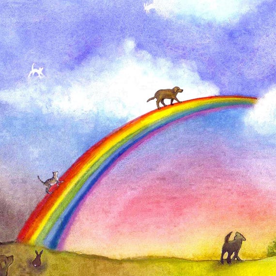 Rainbow Bridge Pet Sympathy Card: Watercolor Memorial Cat Dog Art