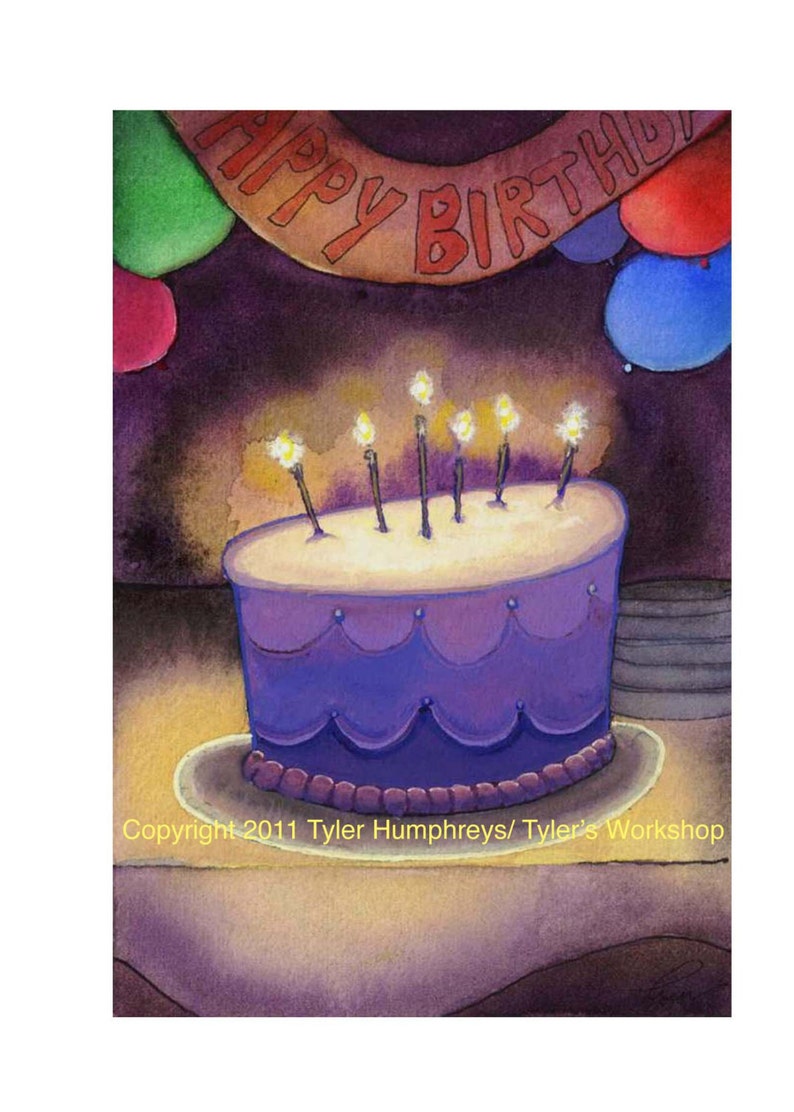 Birthday Card Birthday Cake Surprise Party Watercolor Painting Print 'Birthday Surprise' image 1