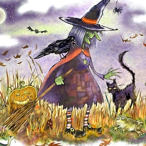 Whimsical Witch Black Cat Pumpkin Ghost Halloween Card: Witch and Familiars Art