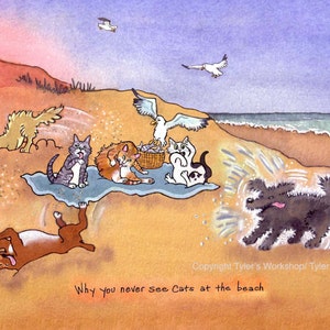 Tarjeta divertida de gato, tarjeta de felicitación de gato, gatos y perros divertidos en la playa, dibujos animados de gato, ilustración de gato en acuarela, impresión '¡Gatos de playa!'